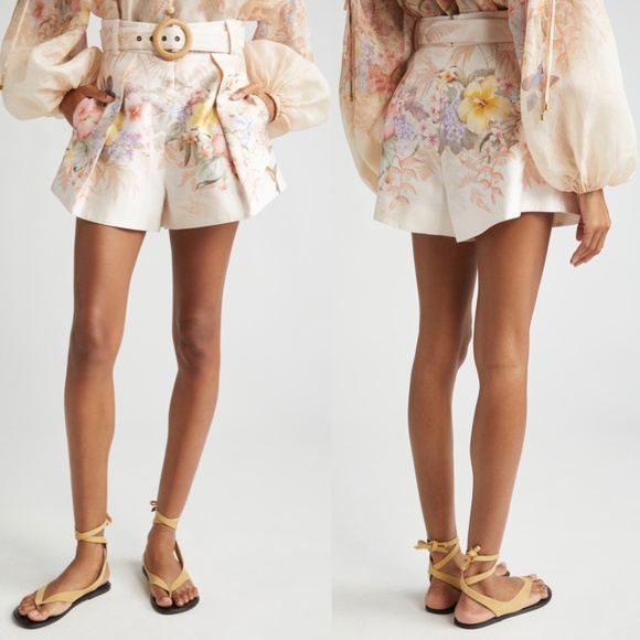 Zimmermann Pants - Zimmermann Illuminate Tropical Floral Belted Silk Blend Tuck Shorts Ivory 4 NWT